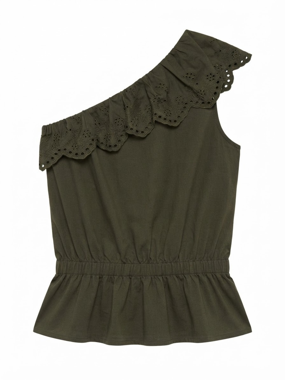 MANGO Olive One-Shoulder Ruffle Eyelet Peplum Top XS